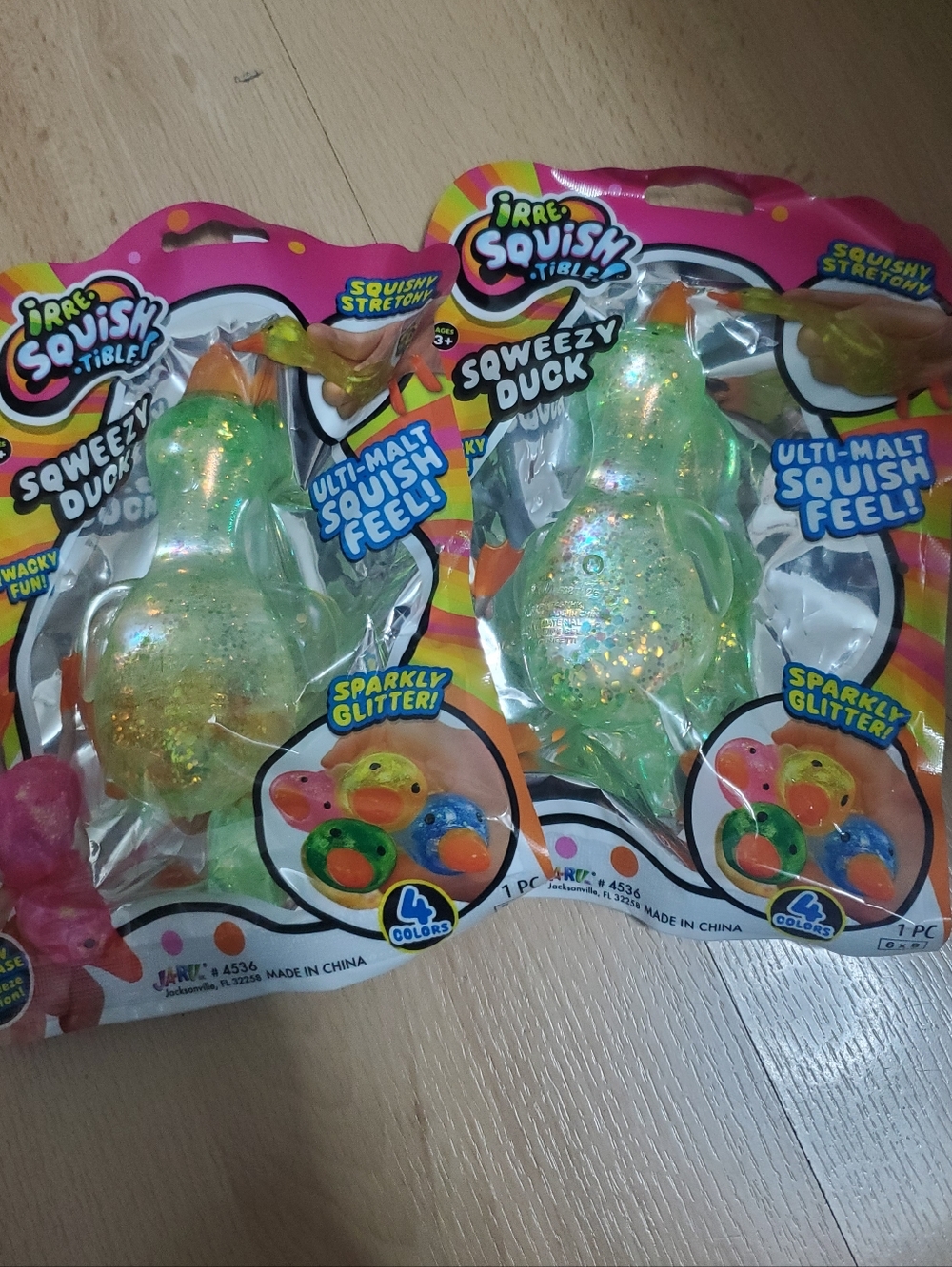 2 Squishy Stretchy Green Glitter Duck
